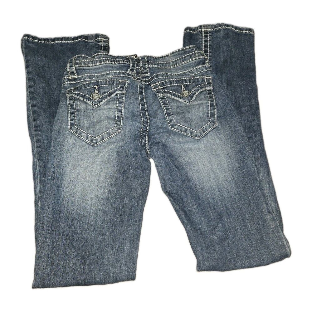 Cello Womens Denim Jeans Size 5 Flare Leg Big Buttons Low Rise (26" x 31.5")